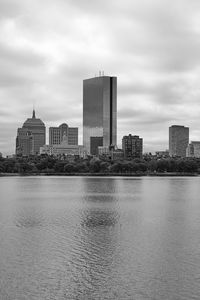 Preview wallpaper buildings, river, trees, city, black and white