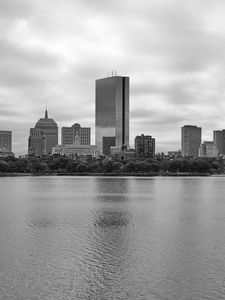 Preview wallpaper buildings, river, trees, city, black and white