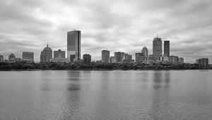 Preview wallpaper buildings, river, trees, city, black and white