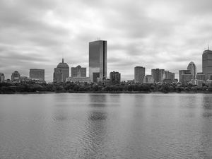 Preview wallpaper buildings, river, trees, city, black and white