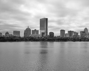Preview wallpaper buildings, river, trees, city, black and white
