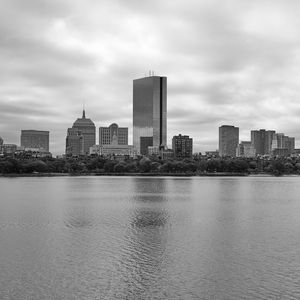 Preview wallpaper buildings, river, trees, city, black and white