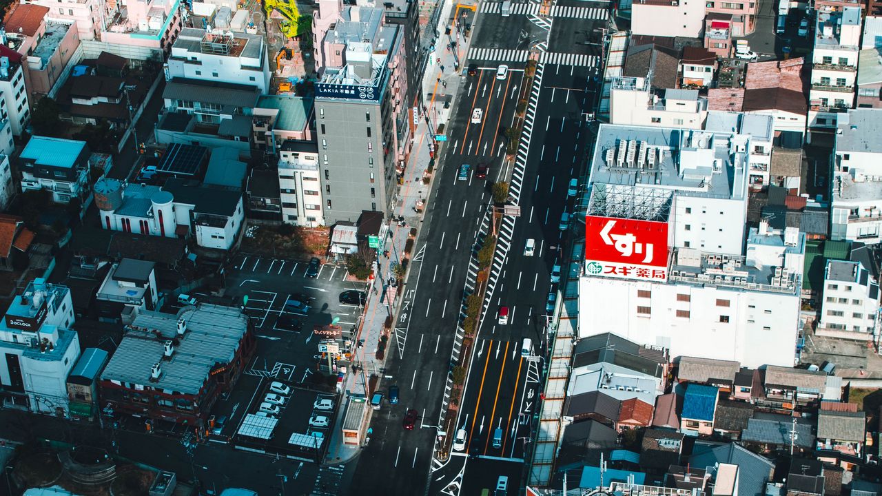 Wallpaper buildings, road, aerial view, city, architecture