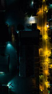 Preview wallpaper buildings, road, backlight, night, dark, aerial view