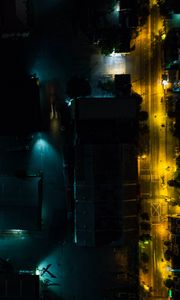 Preview wallpaper buildings, road, backlight, night, dark, aerial view