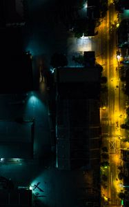 Preview wallpaper buildings, road, backlight, night, dark, aerial view