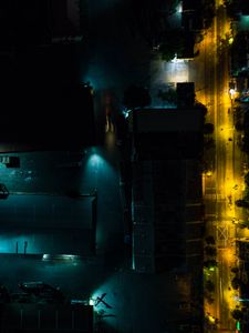 Preview wallpaper buildings, road, backlight, night, dark, aerial view
