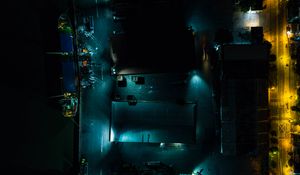 Preview wallpaper buildings, road, backlight, night, dark, aerial view