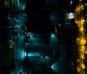 Preview wallpaper buildings, road, backlight, night, dark, aerial view