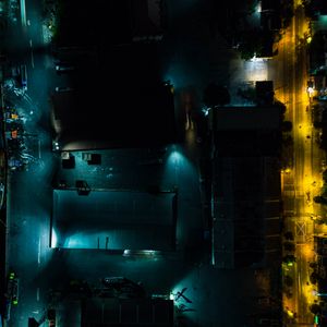 Preview wallpaper buildings, road, backlight, night, dark, aerial view