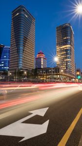 Preview wallpaper buildings, road, long exposure, glow, lights