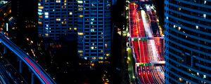 Preview wallpaper buildings, roads, aerial view, city, night, dark