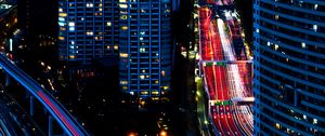 Preview wallpaper buildings, roads, aerial view, city, night, dark