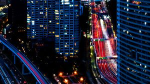 Preview wallpaper buildings, roads, aerial view, city, night, dark