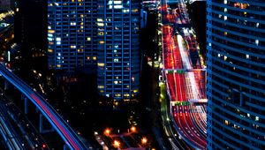 Preview wallpaper buildings, roads, aerial view, city, night, dark