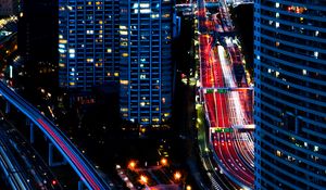 Preview wallpaper buildings, roads, aerial view, city, night, dark