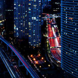 Preview wallpaper buildings, roads, aerial view, city, night, dark