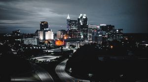 Preview wallpaper buildings, roads, aerial view, city, night