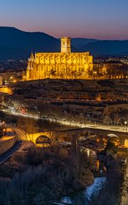 Preview wallpaper buildings, roads, lights, bridge, evening, city