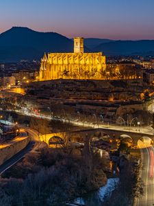Preview wallpaper buildings, roads, lights, bridge, evening, city