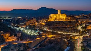 Preview wallpaper buildings, roads, lights, bridge, evening, city