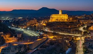 Preview wallpaper buildings, roads, lights, bridge, evening, city