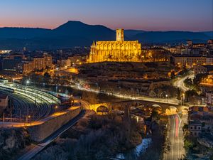 Preview wallpaper buildings, roads, lights, bridge, evening, city