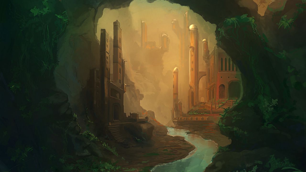 Wallpaper buildings, rocks, river, art