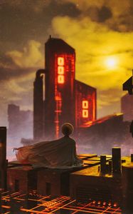 Preview wallpaper buildings, roof, sunset, cloak, alone, meditation