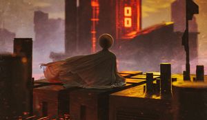 Preview wallpaper buildings, roof, sunset, cloak, alone, meditation