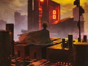 Preview wallpaper buildings, roof, sunset, cloak, alone, meditation