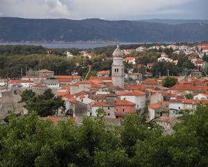 Preview wallpaper buildings, roofs, tower, trees, mountains