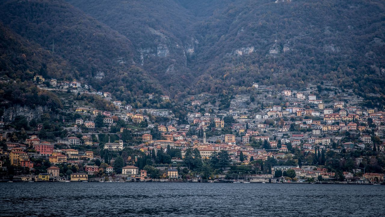 Wallpaper buildings, sea, mountains, trees, fog