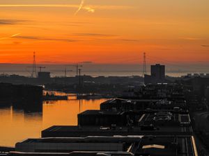 Preview wallpaper buildings, sea, port, sky, evening