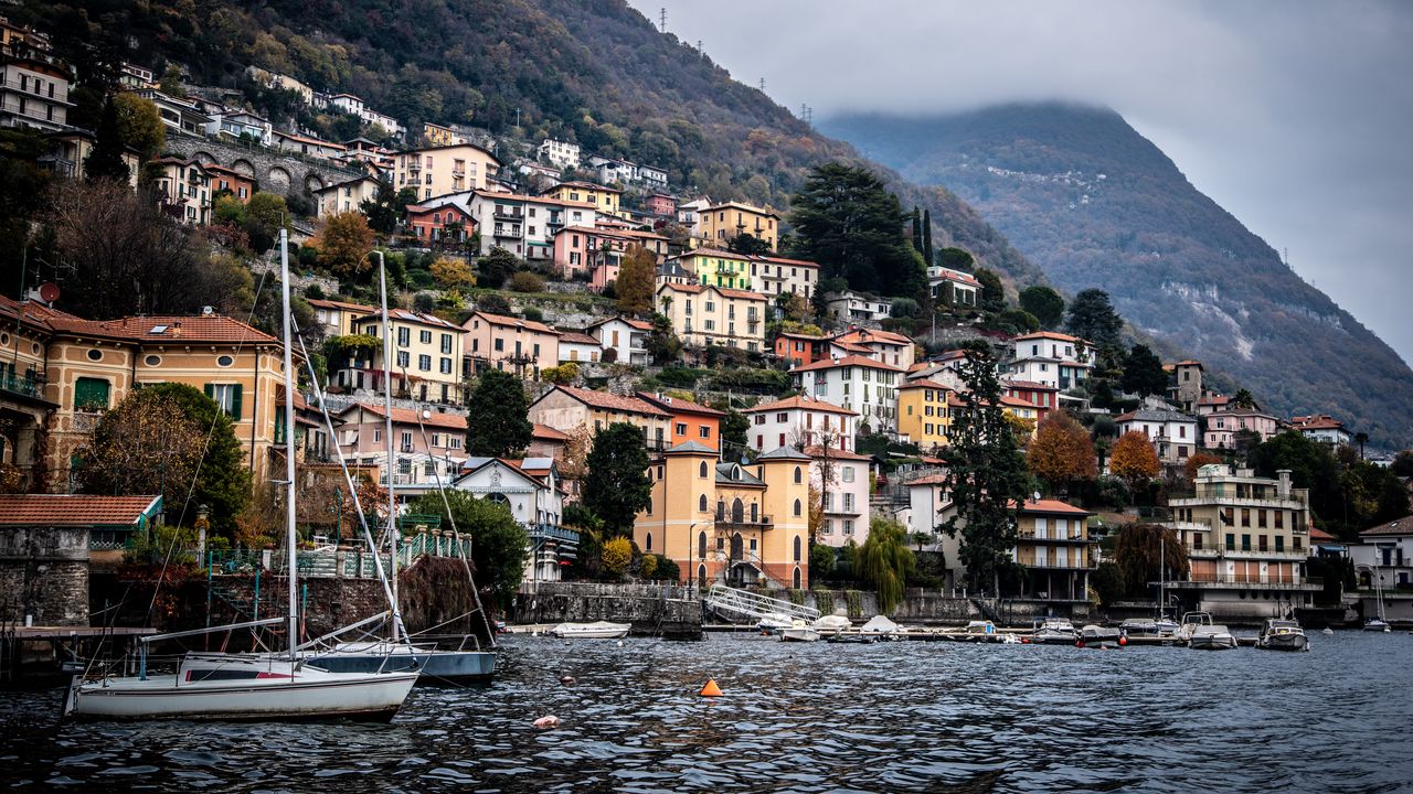 Wallpaper buildings, sea, trees, mountains