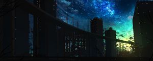 Preview wallpaper buildings, silhouette, bridge, night, nebula, art