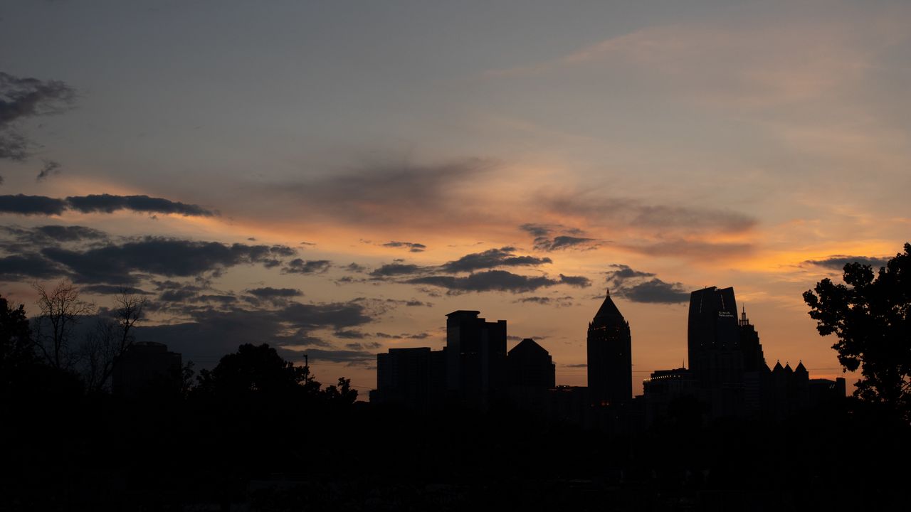 Wallpaper buildings, silhouette, sunset, sky
