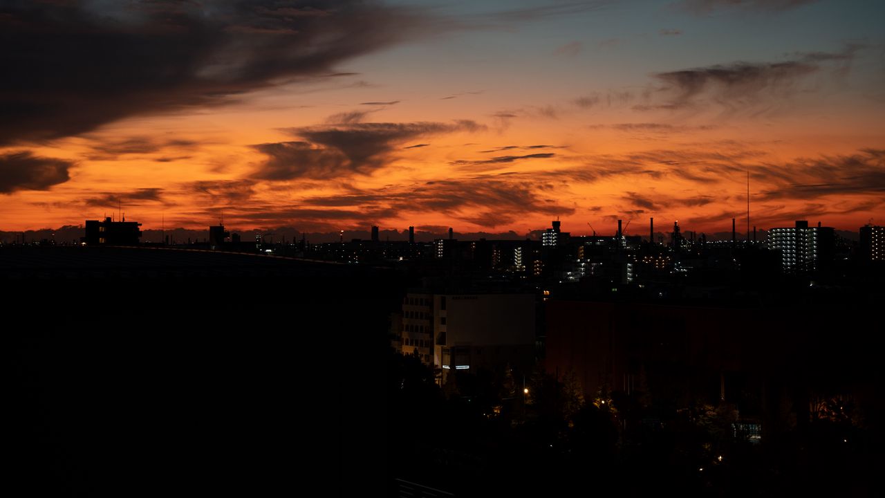 Wallpaper buildings, silhouettes, city, sunrise, dark