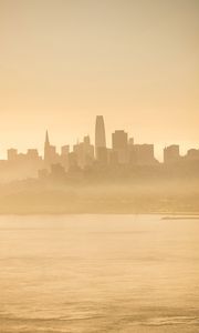 Preview wallpaper buildings, silhouettes, fog, city, coast