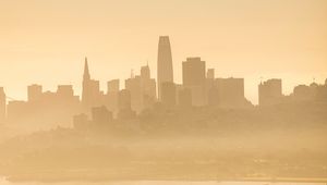 Preview wallpaper buildings, silhouettes, fog, city, coast
