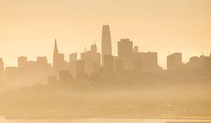 Preview wallpaper buildings, silhouettes, fog, city, coast