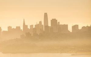 Preview wallpaper buildings, silhouettes, fog, city, coast