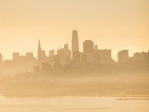 Preview wallpaper buildings, silhouettes, fog, city, coast