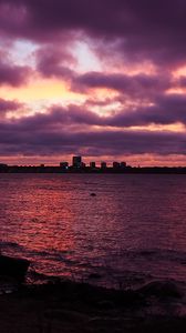 Preview wallpaper buildings, silhouettes, lake, water, twilight, purple, dark