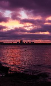 Preview wallpaper buildings, silhouettes, lake, water, twilight, purple, dark