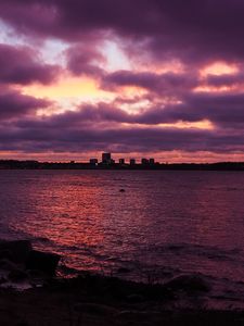 Preview wallpaper buildings, silhouettes, lake, water, twilight, purple, dark