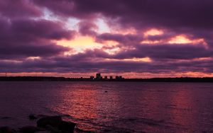 Preview wallpaper buildings, silhouettes, lake, water, twilight, purple, dark