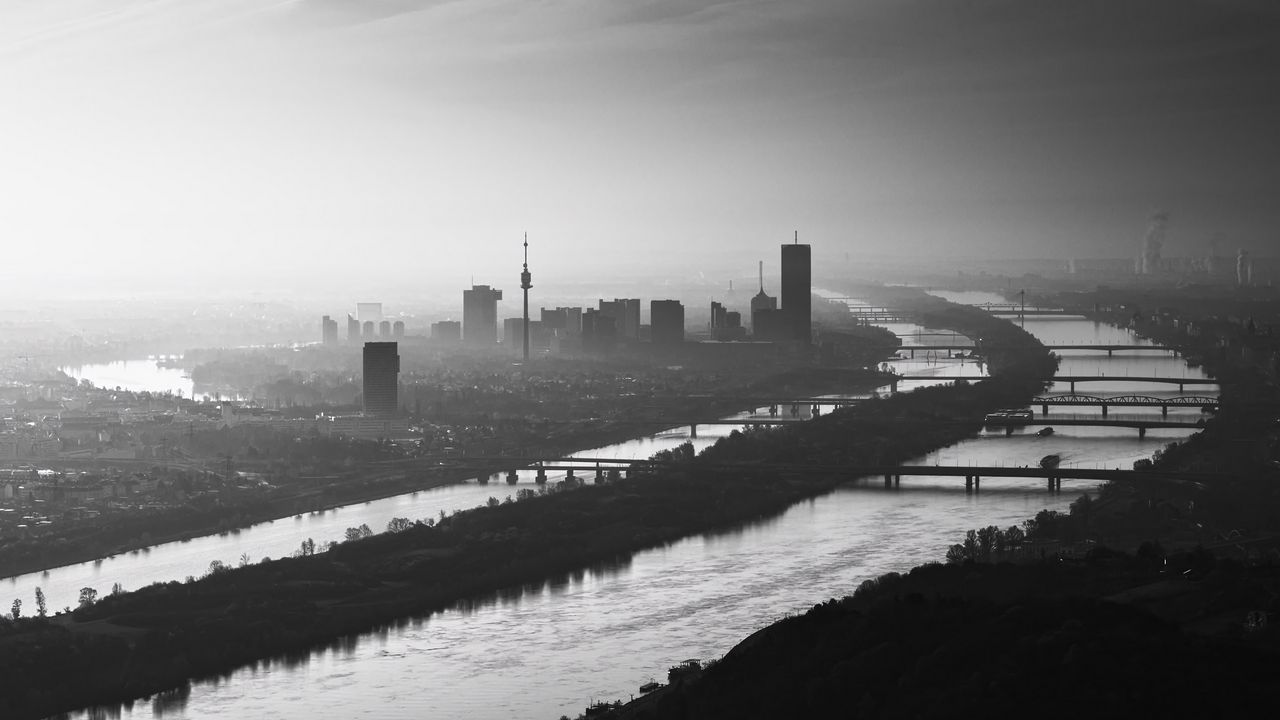 Wallpaper buildings, silhouettes, river, city, black and white