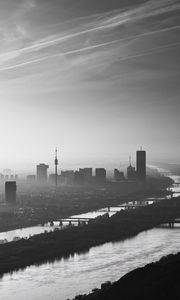 Preview wallpaper buildings, silhouettes, river, city, black and white