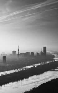 Preview wallpaper buildings, silhouettes, river, city, black and white
